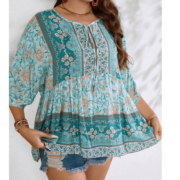 Plus Colorful Floral Print Neck Tie 3/4 Sleeve Blouse - Picture 10 of 11